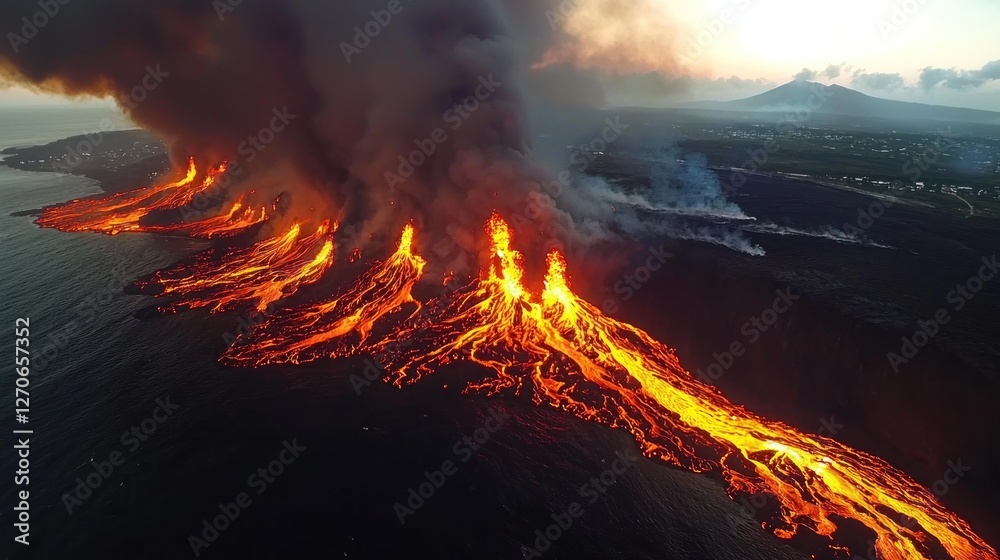 Molten lava flows into the ocean creating a fiery landscape Molten lava flows into the ocean creating a fiery landscape