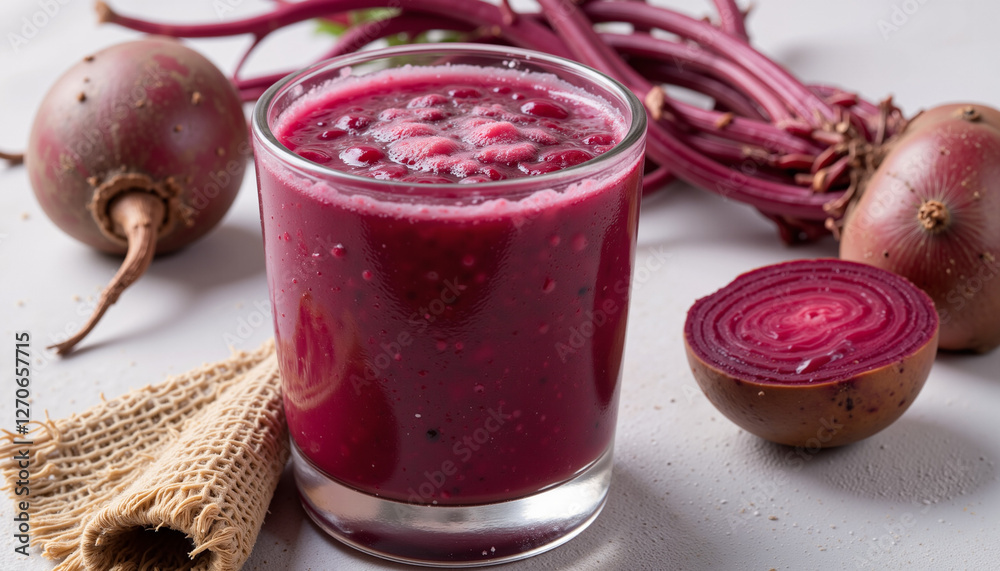 Beetroot juice in glass with beetroot on table, health benefits Beetroot juice in glass with beetroot on table, health benefits