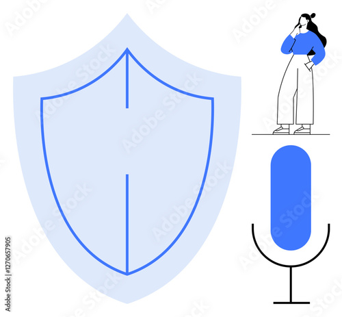 Large shield, woman in blue sweater and white pants, standing microphone. Ideal for privacy, cybersecurity, communication, protection, analysis voice recognition identity. Simple abstract line flat