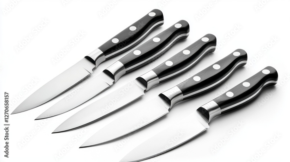 Obraz premium A precise collection of five sleek steel kitchen knives is beautifully aligned against a minimalistic backdrop, showcasing their elegant design and functionality for culinary enthusiasts