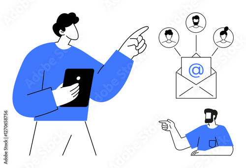 Two individuals gesture with tablet and pointing actions, linked to an envelope showing symbol connected to multiple recipient icons. Ideal for teamwork, digital communication, networking, email