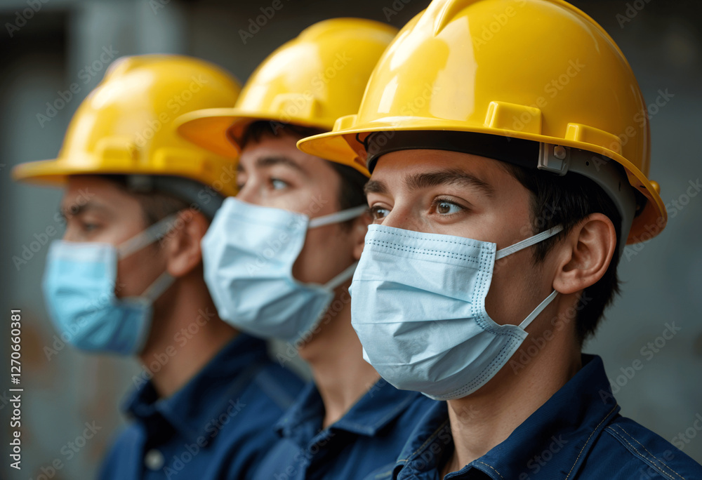 Construction Workers Wearing Yellow Hard Hats and Protective Masks Construction Workers Wearing Yellow Hard Hats and Protective Masks