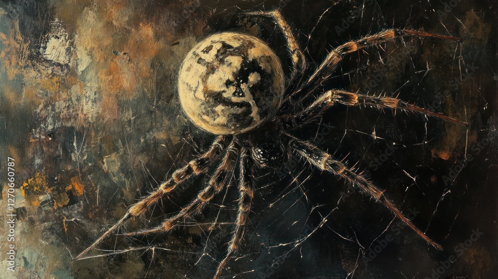 Detailed close-up painting of a spider with intricate web and textured background.