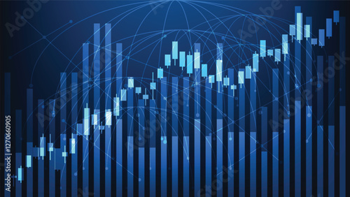 uptrend candlesticks chart with bar graph on blue background. business profit and finance investment 