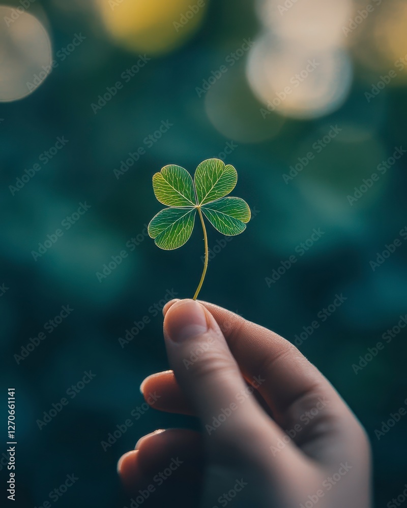 Closeup of Hand Holding a Dewy Green Four Leaf Clover Against Soft Bokeh Background Closeup of Hand Holding a Dewy Green Four Leaf Clover Against Soft Bokeh Background