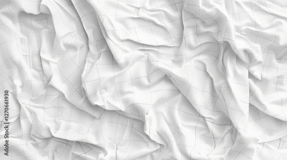 a hyper-realistic illustration of crumpled white paper with a faint grid design, focusing on the intricate texture of the folds and creases. The lighting should enhance the three-dimensional quality a hyper-realistic illustration of crumpled white paper with a faint grid design, focusing on the intricate texture of the folds and creases. The lighting should enhance the three-dimensional quality