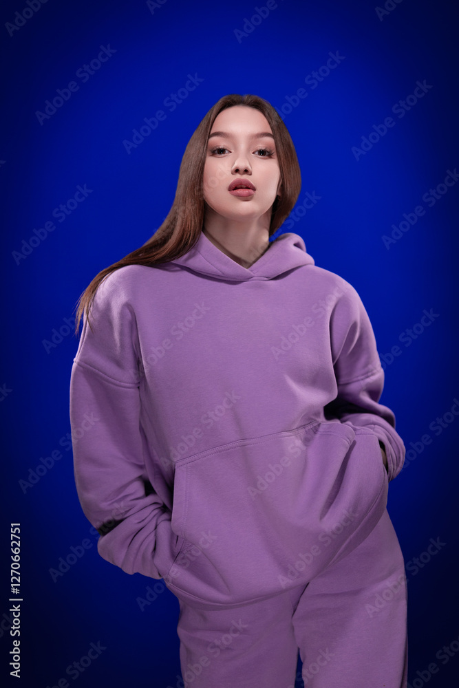 Fototapeta premium Young girl posing and moving on a blue background 