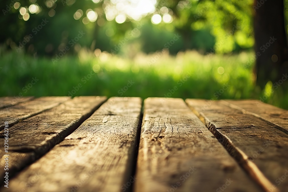 Fototapeta premium Rustic wooden table, park backdrop, summer sun