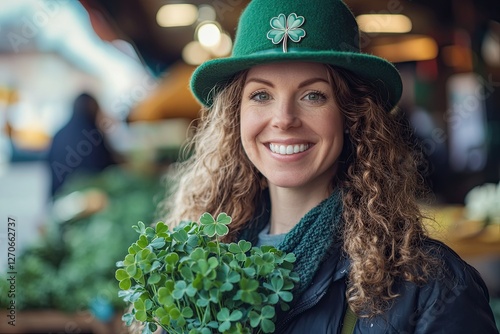 Smiling woman in green hat holds shamrock, celebrating Irish tra photo