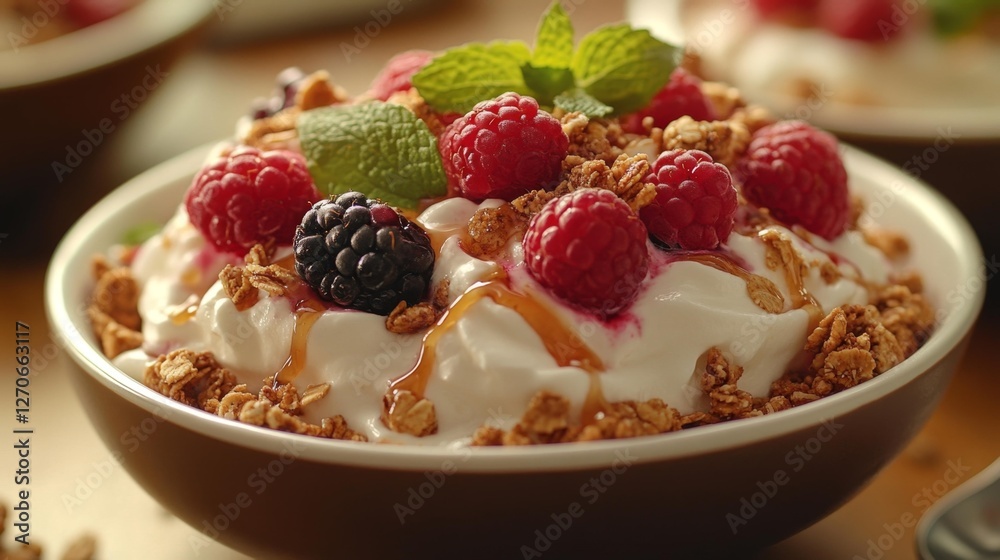 Delicious yogurt parfait with fresh berries and granola. Generative AI Delicious yogurt parfait with fresh berries and granola. Generative AI