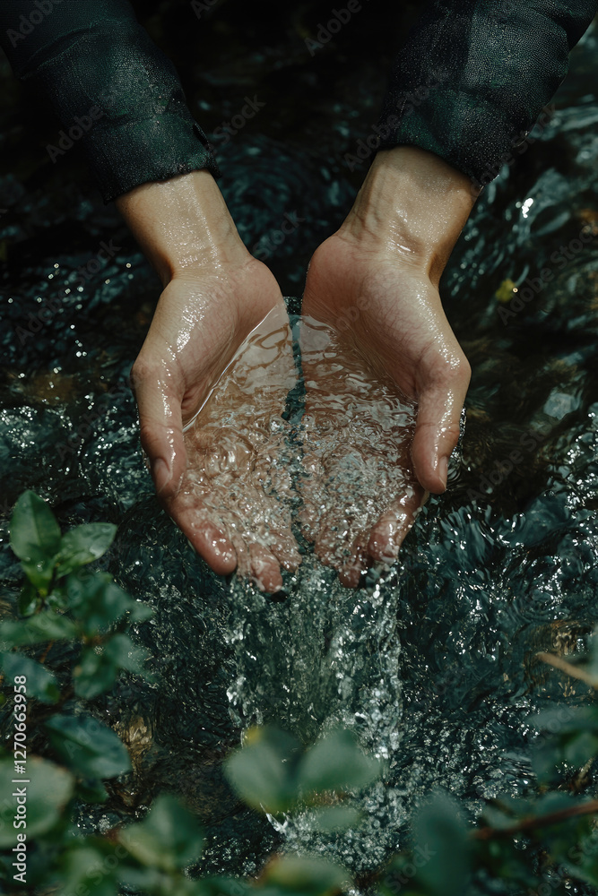 Fototapeta premium Hands gently cupping water from a flowing stream in a natural setting, highlighting the beauty of sustainability and connection to nature. Vertical photograph. Copy space