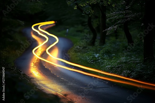 Long exposure shot capturing vibrant green car lights illuminating the night landscape beautifully