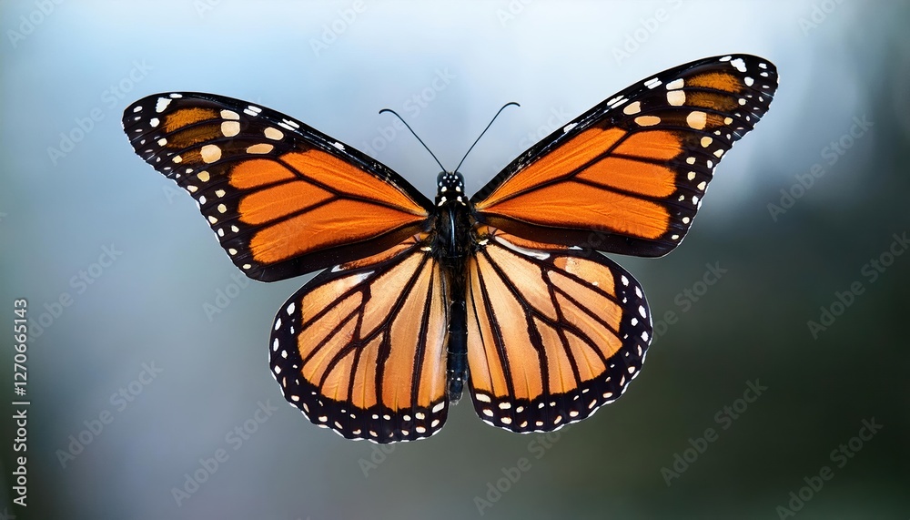 Fototapeta premium Monarch butterfly showing its orange and black wings on light background