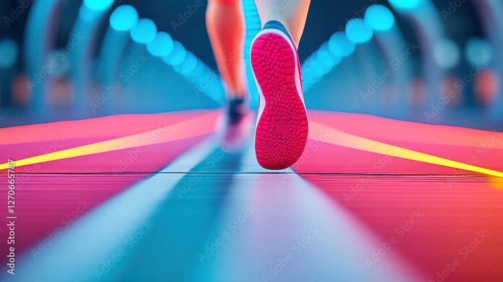 Fototapeta premium A solitary figure strides purposefully along a well-lit track under the glow of bright lights creating an atmosphere of determination and focus