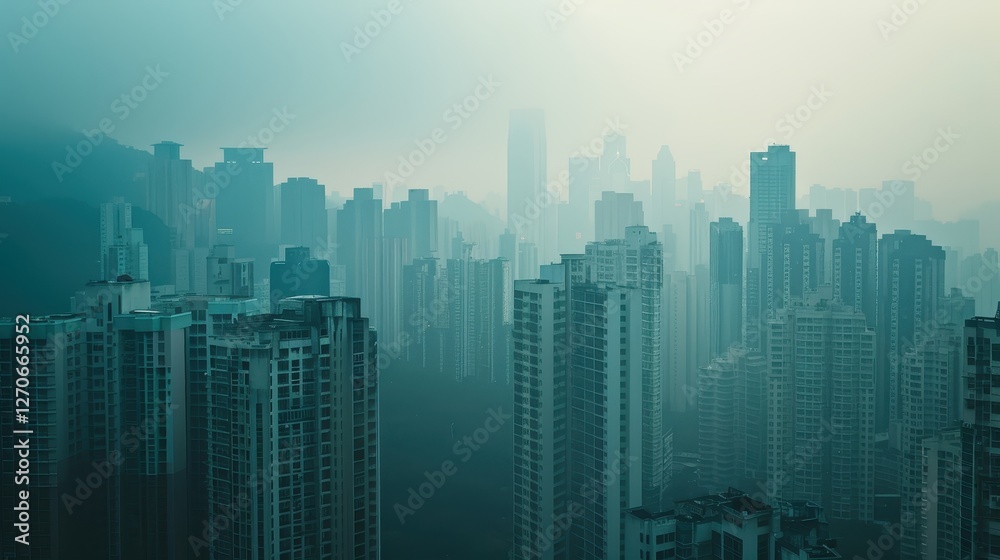Misty urban skyline with tall buildings in soft lighting and wide-angle view Misty urban skyline with tall buildings in soft lighting and wide-angle view