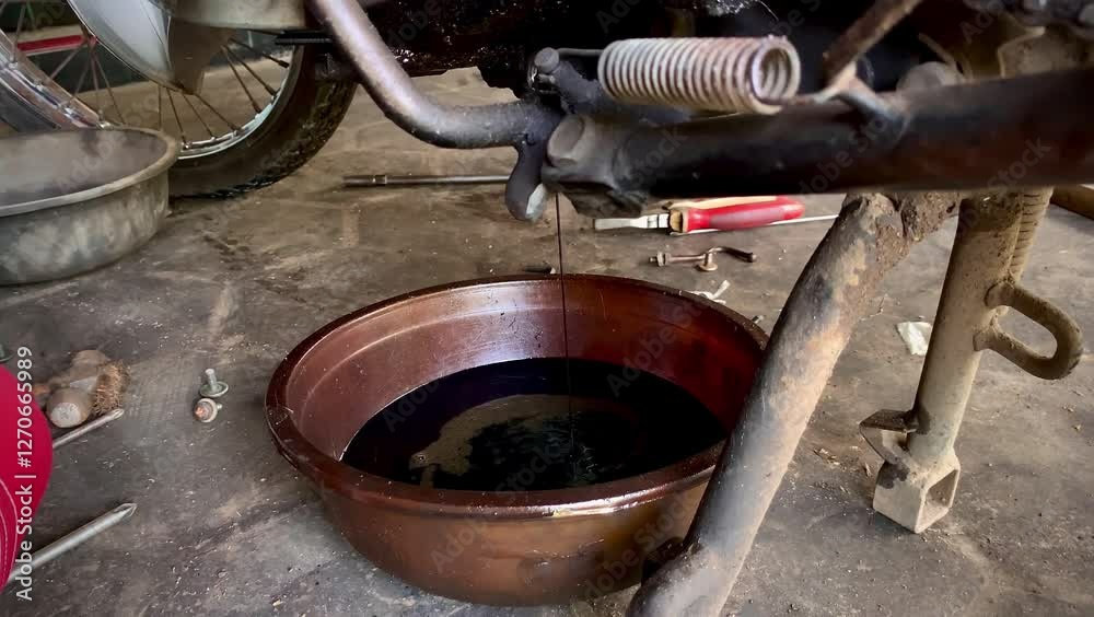 Vehicle engine oil change, draining dirty engine oil out of a motor. engine oil change process. Vehicle engine oil change, draining dirty engine oil out of a motor. engine oil change process.