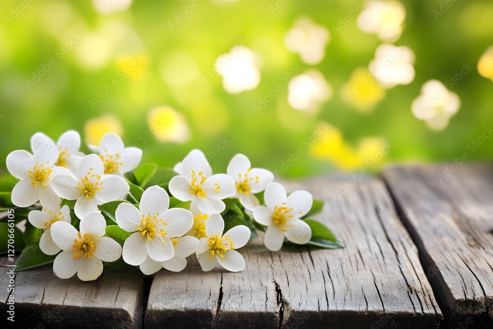 Fototapeta premium Spring blossoms on rustic wood, garden bokeh