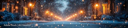 Snow-covered street illuminated by street lamps with falling snowflakes during winter night. Generative AI photo