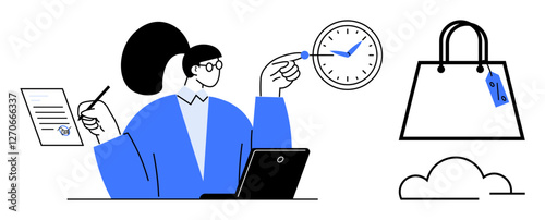 Businesswoman pointing at a clock, holding a document, using a laptop. Shopping bag with a price tag and cloud icon. Ideal for time management, productivity, e-commerce, cloud services, online