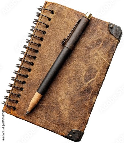Brown leather notebook with pen on white background