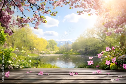 Spring Park Pond Wooden Table Background