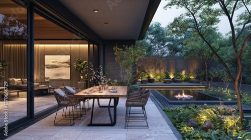 Serene Evening at a Modern Minimalist Home with a Stunning Backyard Oasis
