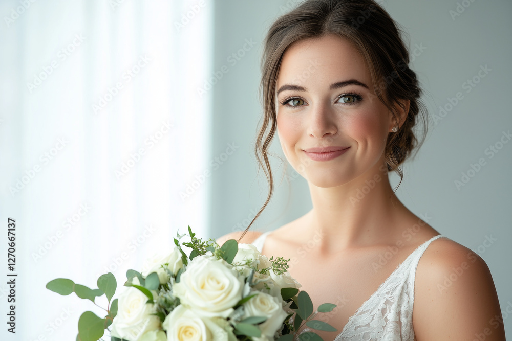 Naklejka premium Bride holding a bouquet with white roses in a simple elegant dress, standing in a bright studio. Perfect for minimalist wedding inspiration, photography, and elegant bridal fashion.