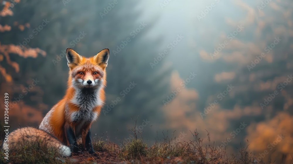 Obraz premium Vibrant Red Fox Gracefully Perched on a Lush Green Hill Surrounded by Dense Forest Highlighting Nature's Beauty and Wildlife in Tranquil Woodland Setting