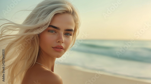 Wallpaper Mural Blonde Frau am Strand im goldenen Sonnenuntergangslicht. Seitliches Porträt mit Meer im Hintergrund, natürlicher Look und windbewegtem Haar Torontodigital.ca