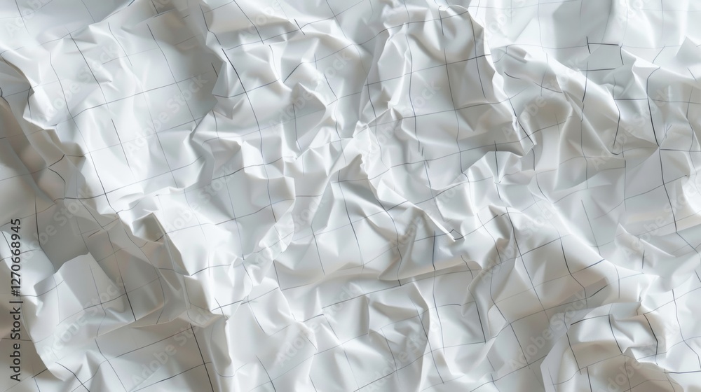 a piece of crumpled white paper with a delicate grid overlay, depicted in hyper-realistic detail. The folds and creases should be highlighted by soft a piece of crumpled white paper with a delicate grid overlay, depicted in hyper-realistic detail. The folds and creases should be highlighted by soft