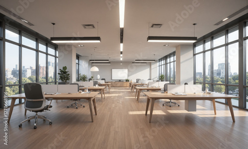 Modern Workspace with Custom Lighting An open-plan office space with minimalist wood furniture and ergonomic office chairs. Pendant lights provide soft ambient light,