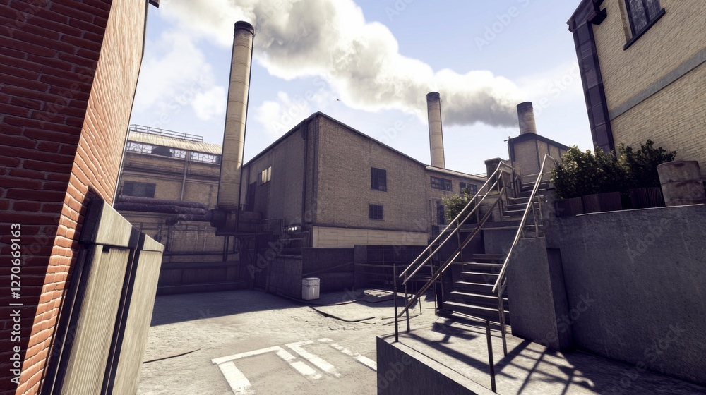 Urban Industrial Landscape with Stairs and Smoke Stacks in Daylight Urban Industrial Landscape with Stairs and Smoke Stacks in Daylight