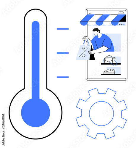 Thermometer next to online shopping process with conveyor belt and gear. Ideal for online shopping trends, e-commerce efficiency, digital process optimization, consumer behavior analysis, economic