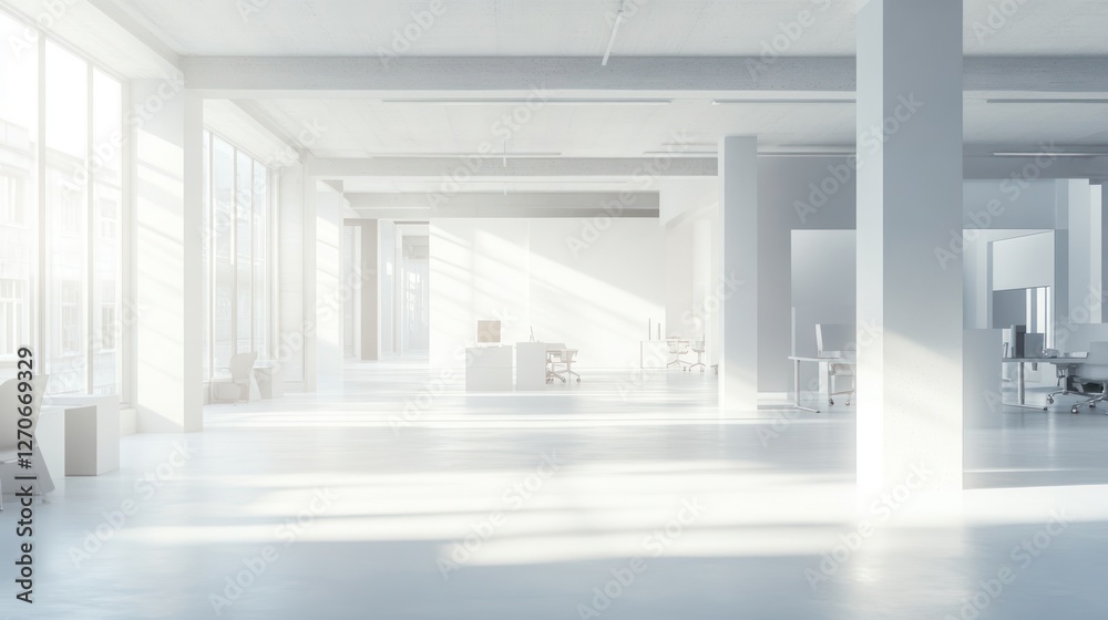 Fototapeta premium Sunlit minimalist modern open plan office space with white walls, large windows, and sleek furniture.