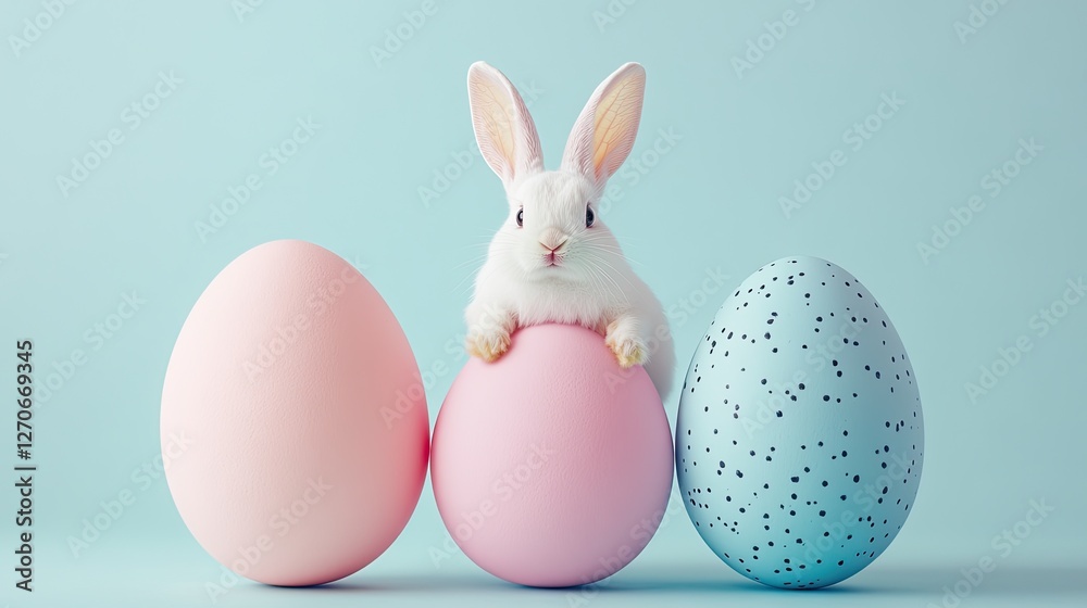 Fototapeta premium Cute bunny perched on pastel eggs exudes spring joy and festive