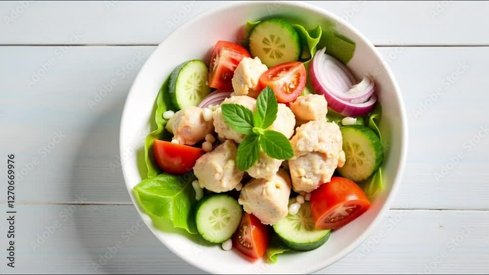 Fresh Salad Bowl Crisp Lettuce Juicy Tomatoes Creamy Avocado Tender Chicken Colorful Ingredients White Ceramic Bowl Rustic Wooden Background Healthy Meal Mediterranean Cuisine Video Fresh Salad Bowl Crisp Lettuce Juicy Tomatoes Creamy Avocado Tender Chicken Colorful Ingredients White Ceramic Bowl Rustic Wooden Background Healthy Meal Mediterranean Cuisine Video