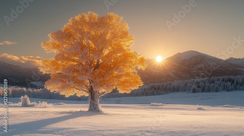 Golden Tree Sunrise Snowy Mountain photo