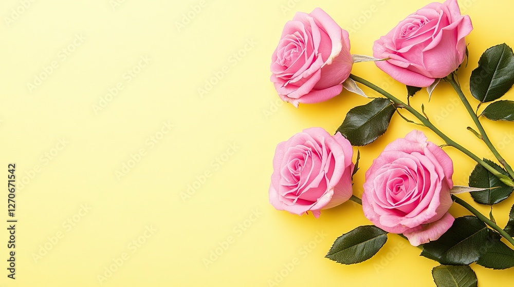 Fototapeta premium Minimalistic and simple pink roses elegantly positioned on the right side of a yellow background, ideal for modern aesthetic designs.