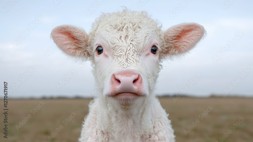Fototapeta premium Cute white fluffy calf looking directly at the camera in a rural pasture under a soft overcast sky.