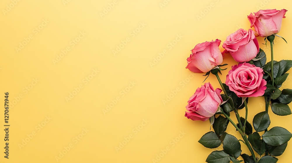 Minimalistic and simple pink roses elegantly positioned on the right side of a yellow background, ideal for modern aesthetic designs. Minimalistic and simple pink roses elegantly positioned on the right side of a yellow background, ideal for modern aesthetic designs.