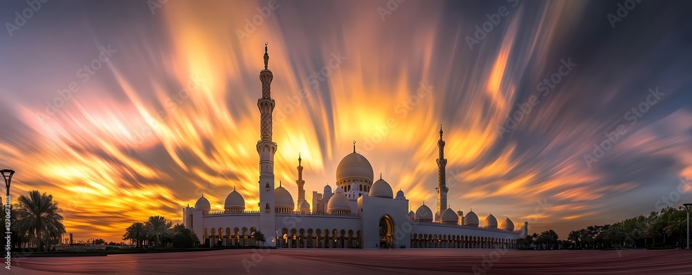 Obraz premium Grand mosque stands bathed in golden light at twilight