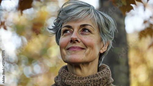 A happy senior woman with short gray hair wearing a sweater outdoors on a sunny day, generative AI
