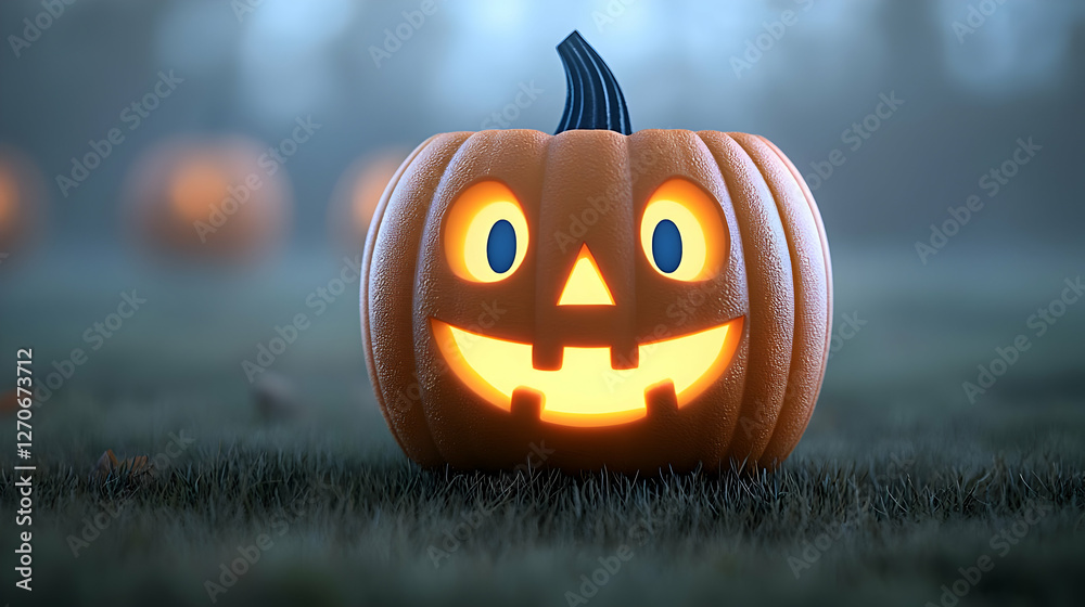 Obraz premium Glowing jack-o'-lantern pumpkin with a happy carved face sits on a grassy field at dusk during Halloween.