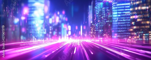 A vibrant cityscape featuring illuminated buildings and colorful light trails, creating a dynamic and futuristic urban atmosphere.