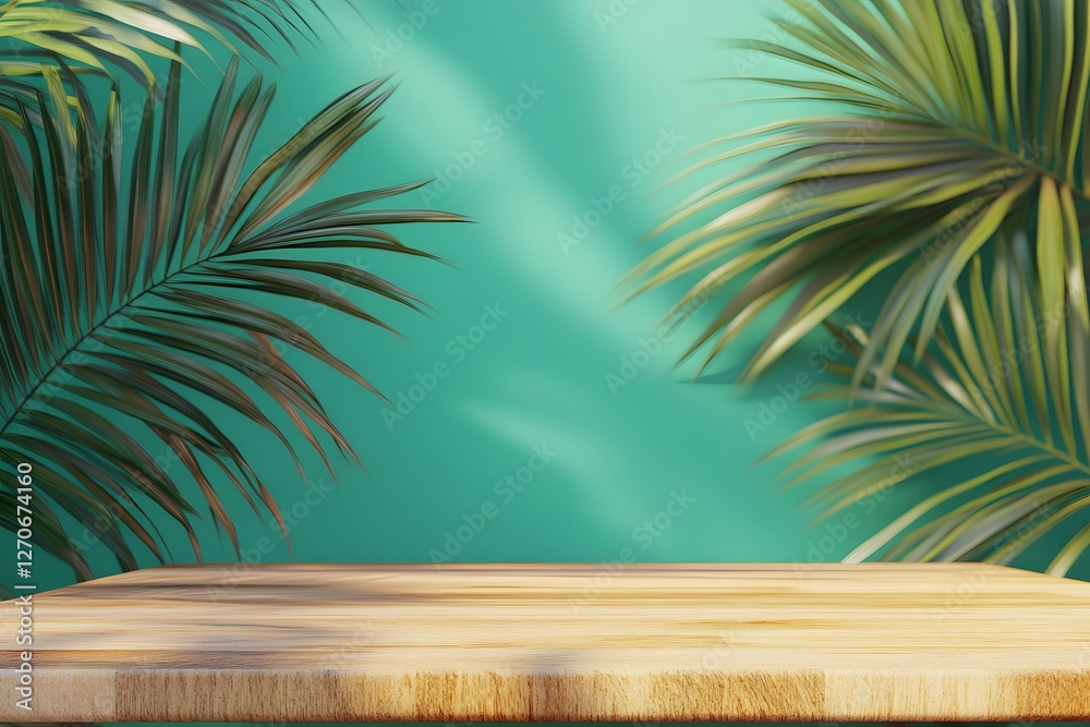 Obraz premium Tropical wood table, green wall, palm leaves, sunlight