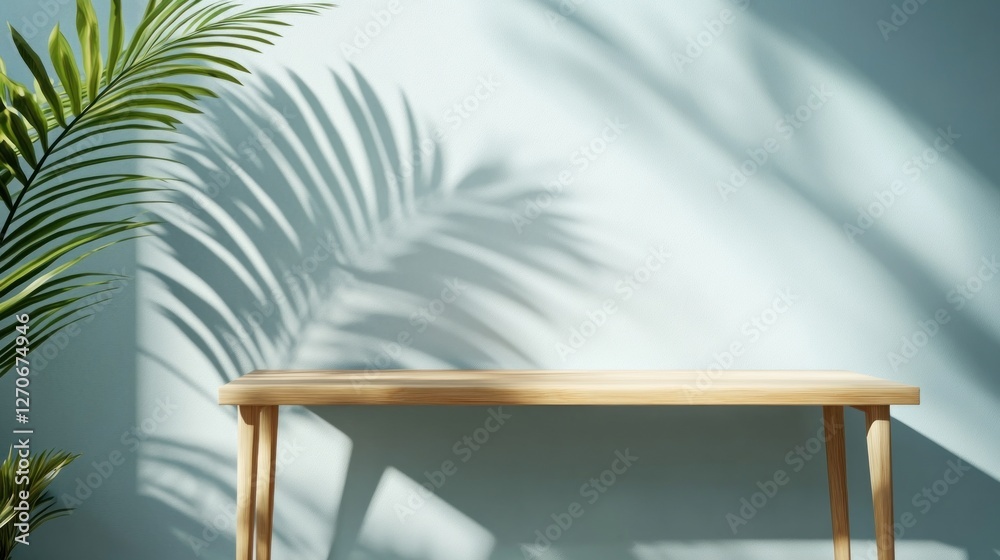 Fototapeta premium Wooden table with palm leaf shadow on light blue wall.