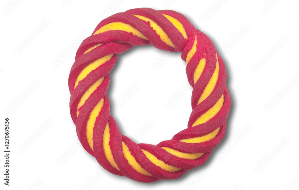 Top view of a large individual ring-shaped biscuit with a twisted red and yellow design, filled with strawberry cream, isolated on a white background. Top view of a large individual ring-shaped biscuit with a twisted red and yellow design, filled with strawberry cream, isolated on a white background.