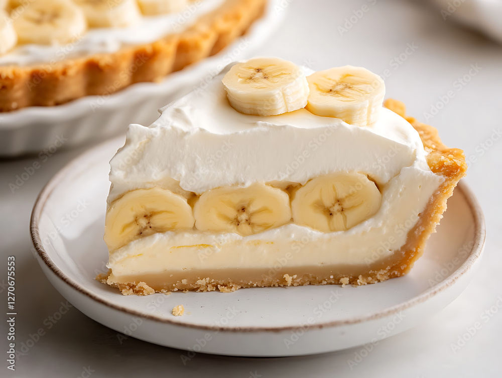 Slice of Banana Cream Pie: Delight your senses with a single slice of the exquisite banana cream pie, featuring layers of fresh banana slices and luscious cream Slice of Banana Cream Pie: Delight your senses with a single slice of the exquisite banana cream pie, featuring layers of fresh banana slices and luscious cream