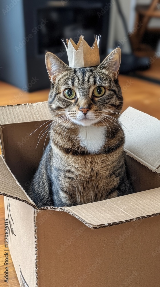 Cat in a cardboard box wearing a crown made of paper Cat in a cardboard box wearing a crown made of paper