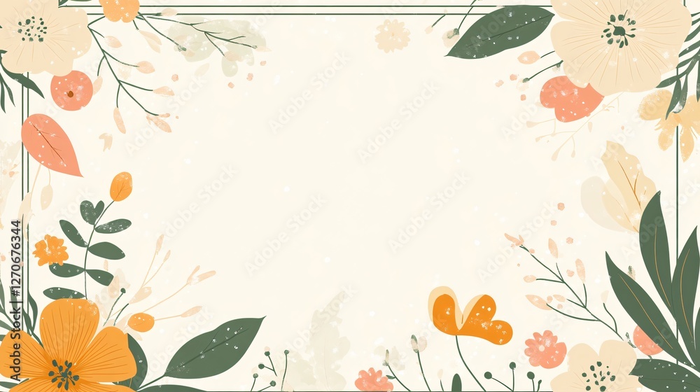 Wintery Background with Flowers, Leaves, and Snowflakes